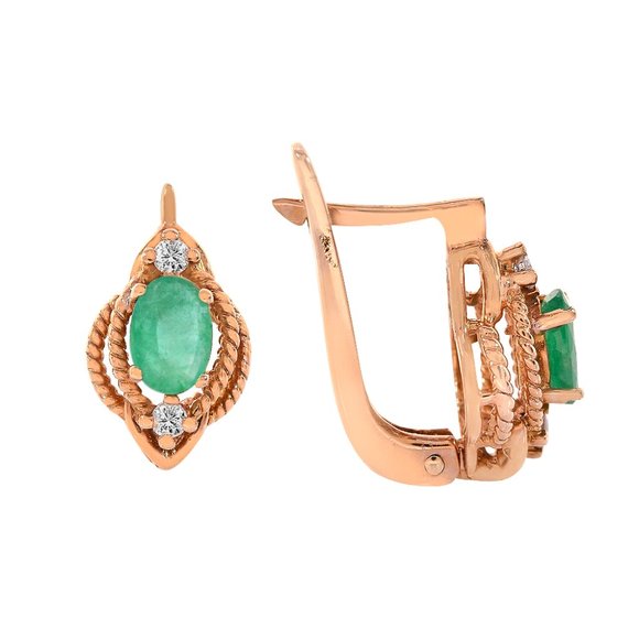 1.08 Ct. tw. Emerald And Diamond Vintage European Earrings 14K Rose Gold - Picture 1 of 4